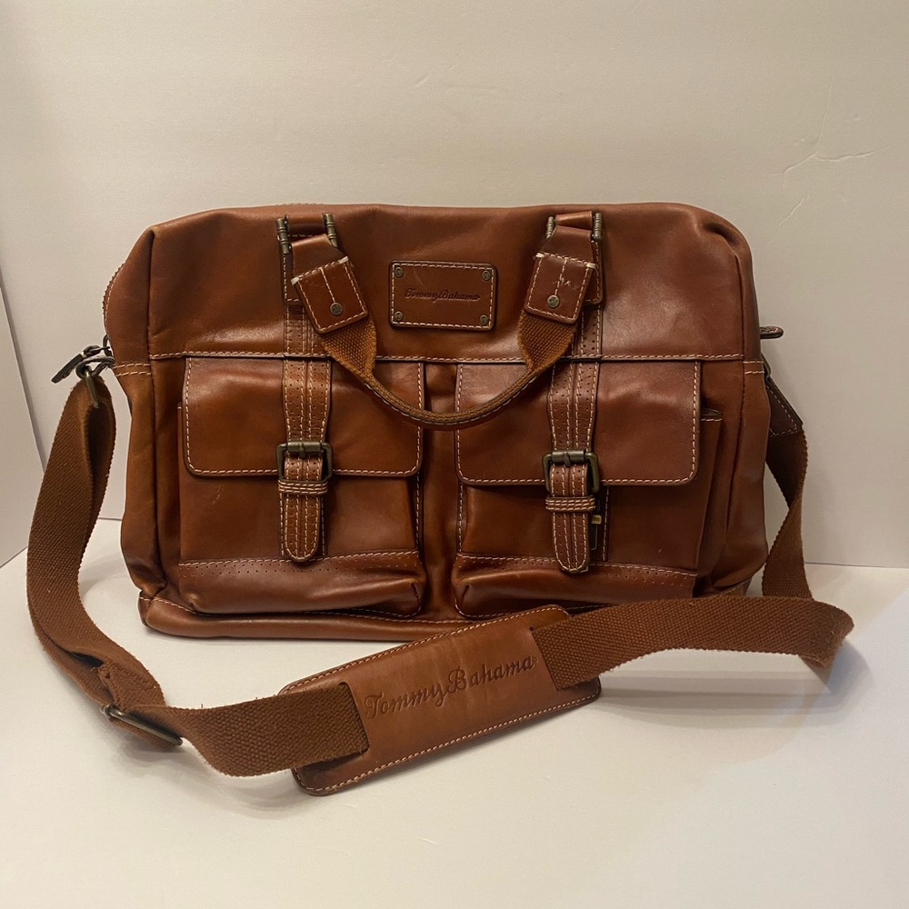 Tommy Bahama Back 9 Messenger Bag Briefcase Leather with map fabric liner